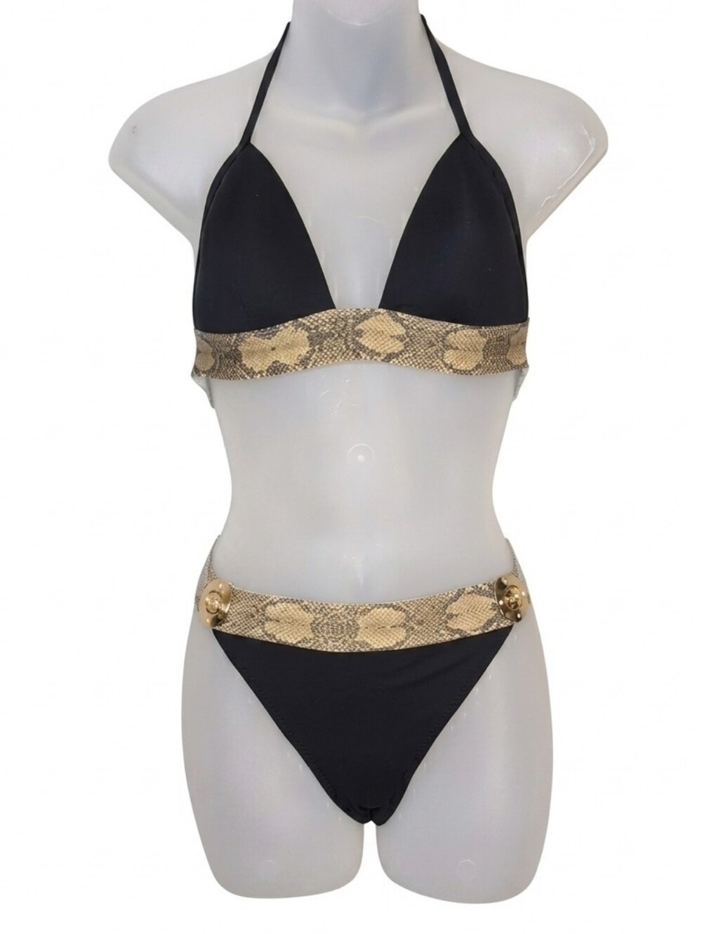 Just Cavalli Beachwear Snake Print Halter Bikini Black Gold Size Medium Large